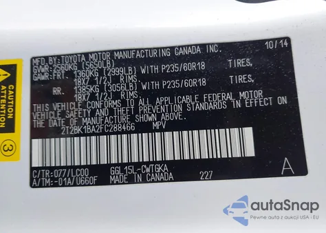 2015 Lexus Rx 350 z USA, uszkodzony, nr VIN 2T2BK1BA2FC288466